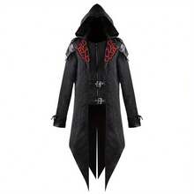 Men'S Gothic Medieval Halloween Costume Jacket - Dark Red Patchwork With Black Hood, Metallic Accents, And Adjustable Straps For Cosplay And Dress-Up, Halloween Costume | Hooded Jacket | Patchwork Design - 黑色 - 查看 3