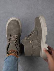 Fall/Winter 2025 Soft And Breathable Outdoor Fashion Boots, Thick Bottom, Lightweight And Comfortable For Holidays, Fall, Winter, Autumn, Travel, And Festivals. Suitable For All Seasons, Ankle Boots And Naked Boots In Fashion Style Women's High Heel Chunky Boots, British Style, Waterproof Platform, Fashionable Ankle Boots For Plus Size - Army Green - View 2