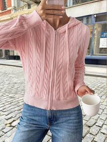Y2K Stil Damen Casual Pendler einfarbiger Reißverschluss Seitentasche Design Kapuzen Strickjacke, Herbst - Pink - Übersicht 8