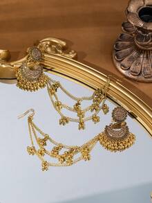 奢华传统时尚镀金孔雀长链铃铛吊坠波西米亚风耳环项链套装，适合女孩和女士日常佩戴及婚礼场合。