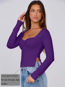 Y2K Sweetheart Collar Long Sleeve Ruched Side Slit Top T-Shirt, Spring/Autumn - Purple - View 5