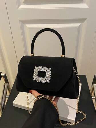 Fashionable Minimalist Rhinestone Metal Decor Suede Flap Mini Square Bag, Elegant Handbag Suitable For Women Shopping, Party, Evening Event And Daily Use