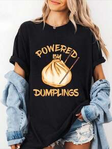 100% Cotton Dumpling Foodie Dim Sum Powered By Dumplings Asian Food T-Shirt Graphic Shirt Women - màu đen - Xem 1