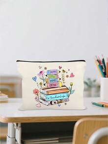 教师礼物，女士铅笔盒和化妆包 | 最佳教师礼物，白色化妆包收纳袋，旅行必需品和学校用品袋，轻便拉链手拿包，教师节礼物创意 - 彩色 - 查看 6