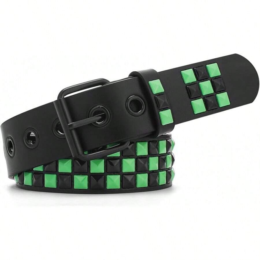 Studded Belt, Metal Punk Rivet Belt With Bright Studs Women And Men - Green - View 1