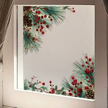 1pc Christmas Wreath Border Static Cling Window Film - 2D Glass Sticker With Red Berries, Pine Cones Design, Self-Adhesive Easy Peel & Stick, Removable PVC Decorative Film For Home/Office Holiday Window Decor - Multicolor - View 3