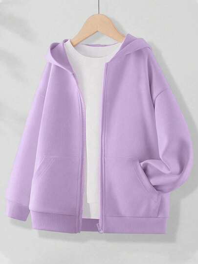 Girls' Medium & Plus Size Children's Hooded Zip-Up Sweatshirt With Pockets, Minimalist Style, Suitable For Autumn/Winter