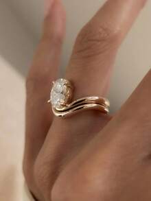 2pcs S925 & 925 Sterling Silver Minimalist Lightweight Luxury Curved Twist Band Rings, Inlaid With Diamonds, Elegant Ladies' Dating Party Anniversary Jewelry Gift - 曲線橢圓鑽石套戒 - 查看 3