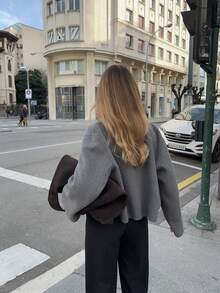 Women's Tweed Cropped Jacket - Modern Tailored Blazer Casual Elegance Short Coat - Grey - View 2