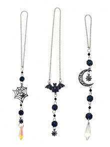 Halloween Gothic Car Rearview Mirror Hanging Ornament Black Moon Spider Web Crystal Suncatcher For Car Interior Decoration - Black - View 8
