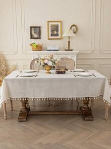 1pc Elegant Cream-Colored Linen Tassel Tablecloth, Rectangular European Style Coffee Table/Bedside Cabinet Cloth, Washable, Suitable For Farmhouse, Kitchen, Dining Table, Dinner, Family Gathering, Buffet, Wedding, Hotel Decor, Daily Home Decor, Thanksgiving Party Decoration