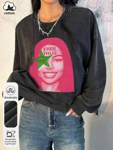 Women's Autumn And Winter Retro Portrait Print Casual Simple Loose Daily Street Retro Comfortable Washed Long-Sleeved Round Neck Sweatshirt