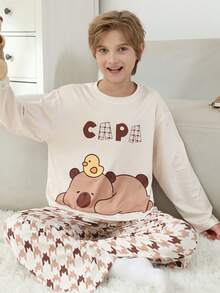 2pcs/Set Cartoon Print Crew Neck Pullover Boys Pajamas, Flame Retardant Children Sleepwear, Autumn/Winter
