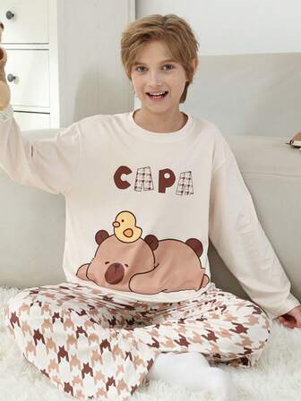 2pcs/Set Cartoon Print Crew Neck Pullover Boys Pajamas, Flame Retardant Children Sleepwear, Autumn/Winter