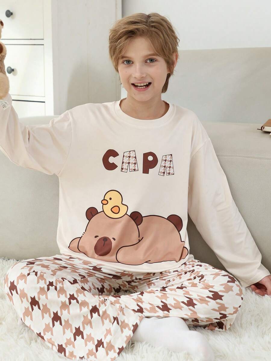 2pcs/Set Cartoon Print Crew Neck Pullover Boys Pajamas, Flame Retardant Children Sleepwear, Autumn/Winter