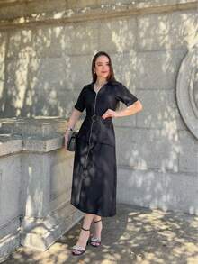 Rivera. Plain Short Sleeve Midi Dress WOMEN'S FASHION Summer - màu đen - Xem 8