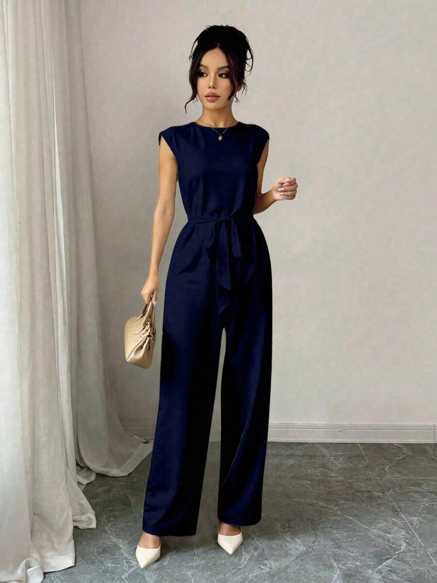 Palazzo mujer Casual de Escote Redondeado y Detalle cinturón, Pierna Amplia y Suelta para Mujer Primavera / Verano con elegancia sutil mono jumpsuit - Azul Marino - Ver 1