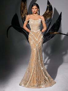 Elisanya 闪亮华丽纯色亮片串珠露背露肩修身礼服 - 香檳色 - 查看 4