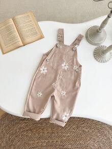 Baby Girls' Casual All-Over Embroidered Floral Light Blue Suspender Pants, Summer