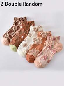 5 Pairs Women Vintage Short Socks, Embossed Floral Lace Trim Low Vamp Boat Socks, Lightweight & Comfortable, Suitable For Autumn/Winter - Multicolor - View 8