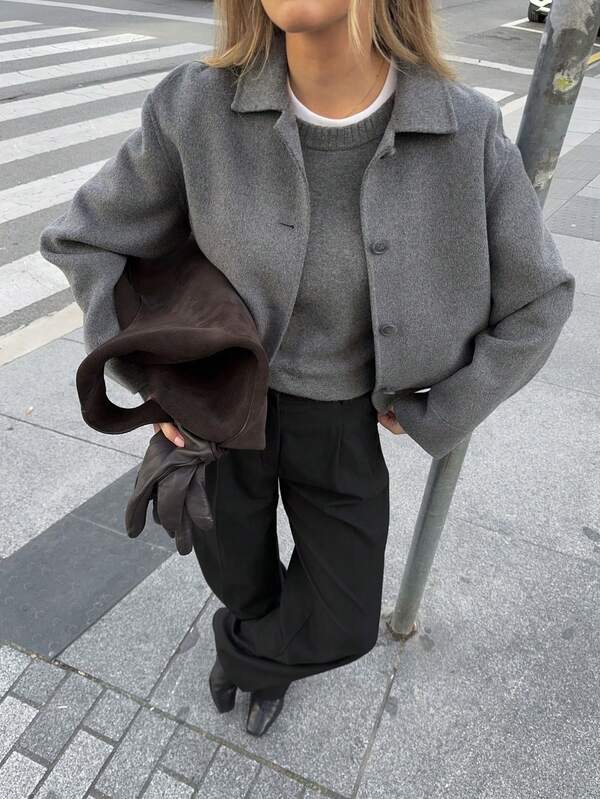 Women's Tweed Cropped Jacket - Modern Tailored Blazer Casual Elegance Short Coat