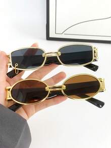 2 件方形女士时尚眼镜，新款 Y2K 街头风格眼镜 - 2PC中盒時尚金灰 金茶 - 查看 8