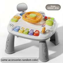 Juguete de cochecito de bebé en miniatura, volante de juguete para el asiento trasero de niños con diseño de dibujos animados, asiento de coche de simulación educativa con patas de mesa desmontables, con luz y sonido, adecuado para niños de 1 a 3 años, regalo ideal (baterías no incluidas)