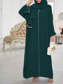 两件套阿巴雅长袍套装，经典滚边长袍连衣裙，适合女性日常穿着（长围巾+连衣裙） - 彩色 - 查看 4