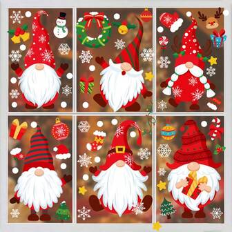 9 Sheets (104pcs) Christmas Gnome Window Clings - Christmas Window Decals Kit - Reusable No Glue Stickers With Santa, Wreaths, Reindeer, Pine Trees, Snowflakes, Bells, Gift Boxes, Christmas Trees And Cozy Home Scenes - Ideal For Shops, Homes And Offices Holiday Celebrations, Christmas Decorations, DIY Arrangement