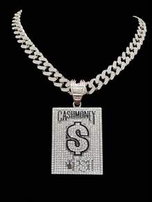 1个时尚创意“CASH MONEY”字母吊坠和1条水钻链项链，男士嘻哈朋克吊坠项链，适合日常佩戴，情人节礼物，2条链子可选 - 銀色 - 查看 2