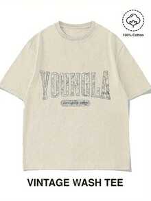 YOUNGLA Vintage Wash Graphic-Shirt - Men's Relaxed Fit Cotton Tee, Distressed Look, Short Sleeve Casual Top, Streetwear, Everyday Wear, And Summer Outfits - Soft, Breathable, And Comfortable Fabric. - Màu be - Xem 1
