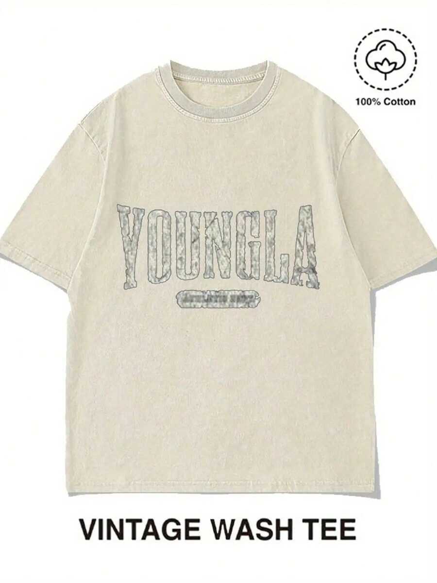 YOUNGLA Vintage Wash Graphic-Shirt - Men's Relaxed Fit Cotton Tee, Distressed Look, Short Sleeve Casual Top, Streetwear, Everyday Wear, And Summer Outfits - Soft, Breathable, And Comfortable Fabric. - Màu be - Xem 1
