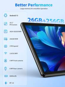 Relndoo 2025 Android 15 Tablet, 10,1-Zoll-Tablet mit Tastatur, 4-Core CPU, 26GB RAM+256GB ROM, 2,4g+5g Wi-Fi, 1280*800 IPS FHD Bildschirm, 5MP+8MP Dual-Kamera, Type-C-Anschluss, 6000mAh, Unterstützt bis zu 1TB SD-Karten-Expansionsfähigkeit, 2-in-1 Tablet mit Tastatur, Maus, Stift, Hülle und Bildschutzfolie (ohne Adapter) - Schwarz