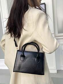 Solid Color Pu Handbag, Simple Casual Small Square Bag, Commuter Mini Shoulder Bag, Fashionable Crossbody Bag For Outings - Black - View 7