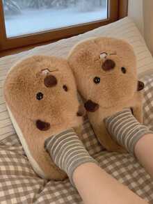 女士可爱土拨鼠室内拖鞋，保暖厚底防滑毛绒拖鞋，适合秋冬季 - 棕色 - 查看 4