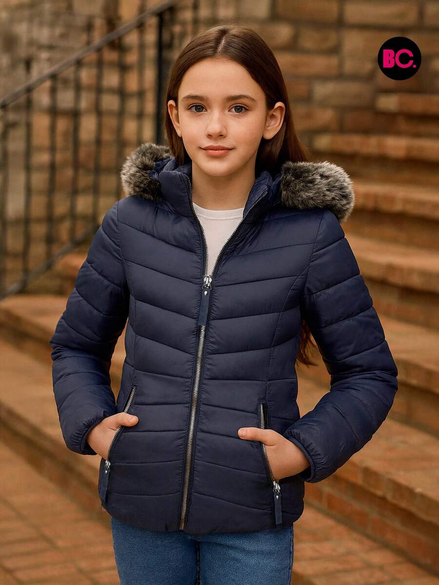 Big City Basic Girl's Quilted Jacket Plush Interior Casual Fashion With Hood - Navy Blue - View 1