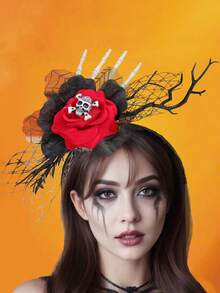 1 pièce Serre-tête Halloween Citrouille et Crâne avec Toile d'Araignée, Livraison aléatoire de la main gauche ou droite, Accessoire amusant pour fête, Citrouille en plastique ABS, Branches, Séance photo, Mascarade, Cosplay, Coiffe de style gothique - 22195 - Voir 2