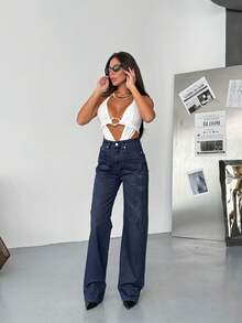 SQUALO Women's Wide Leg Color With Pocket Details Destroyed Retro Washed Street Style Jeans Ripped And Cutout Wide Leg Jeans - Navy Blue - View 7
