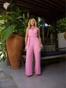 Long Wrap Jumpsuit With V-Neckline - Baby Pink - View 2