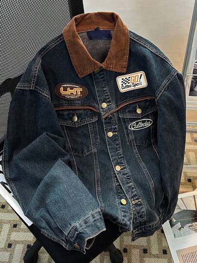 メンズ ユニセックス デニムアウター カラーデザイン襟 ワッペンアクセント 春秋向け カーディガン カーディガン