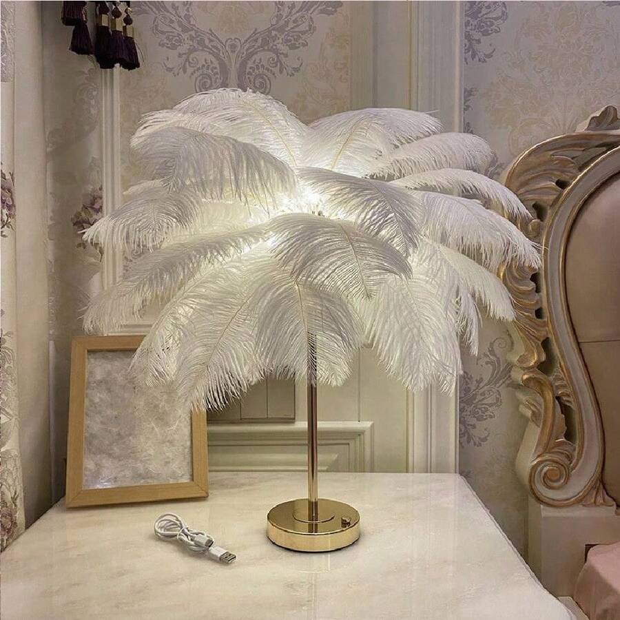 (White 30 Feathers)Rechargeable Feather Light With Built-In Battery, Portable Cordless DIY Home Living Room Coffee Table LED Decorative Lamp, Bedside Desk Lamp, Ins Style Girl Live Stream Atmosphere Light, Birthday Wedding Romantic Night Light, European & American Style + 1 Charging Cable, Lamp Body Color French Gold, Actual Color May Differ From Image - trắng - Xem 1
