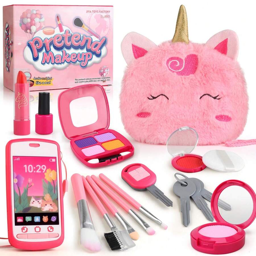Unicorn Theme Children's Pretend Play Makeup Set, Children's Realistic Makeup Toy Set, Unicorn Theme Gift, Pretend Play Toy Set, Suitable For Little Girls, Halloween/Thanksgiving/Christmas Gift - Multicolor - View 1