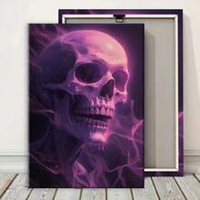 1 pieza Póster de arte de pared con cráneo gótico místico morado - Impresión en lienzo con marco de madera de tonos violeta y morado profundo, decoración gótica moderna para sala de estar, baño, regalos de Halloween y días festivos - Pintura contemporánea de cráneo etéreo, instalación de gancho fácil, decoración, diseño geométrico, obra de arte, decoración de dormitorio y accesorios, decoración del hogar y accesorios, decoración de pared, 2D plano, enmarcado, lienzo envuelto, pintura decorativa lista para colgar