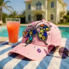 "Rainbow Butterfly" Bling Bling Bead BASEBALL CAP Adjustable, UV Protection, Perfect For Outdoor Activities, Casual - Berwarna merah muda - View 1