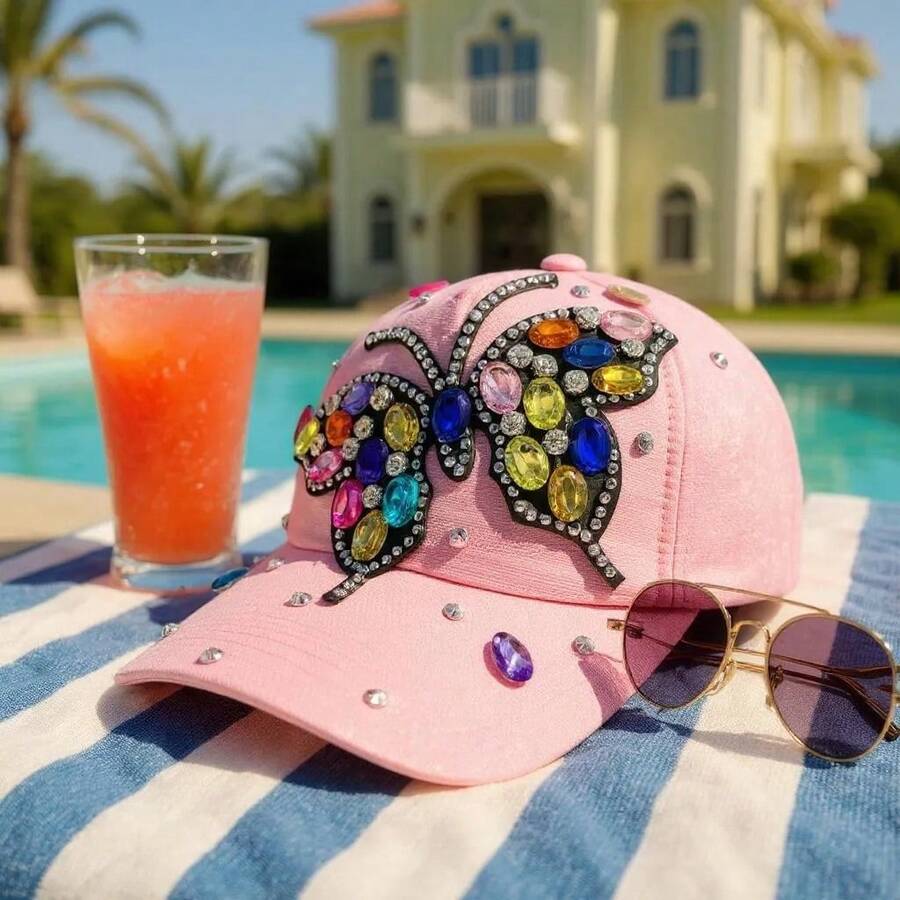"Rainbow Butterfly" Bling Bling Bead BASEBALL CAP Adjustable, UV Protection, Perfect For Outdoor Activities, Casual - Berwarna merah muda - View 1