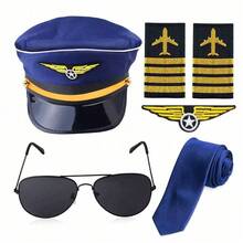 6pcs/Set Holiday Themed Flight Attendant Hat, Tie, Brooch, Epaulet, Glasses, Cabin Crew Costume Accessories For Halloween Party Cosplay, Retro Airline Pilot Outfit