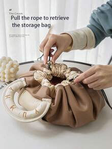 Slouchy Drawstring Makeup Bag, Women's Portable Waterproof PU Travel Toiletry Bag, Hand-Held Storage Bag, Box