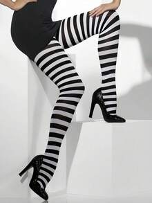 1 件大码女式条纹紧身裤，万圣节/圣诞节角色扮演拼色连裤袜，紧身打底裤/万圣节派对长袜，适合万圣节派对 - 黑與白 - 查看 1