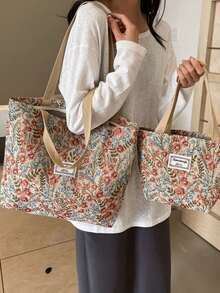 1pc Floral Print Canvas Tote Shoulder Bag, Portable Storage Commuter Bag Student Large Capacity Tote Bag, Embroidered Flower Shoulder Bag, Waterproof Canvas Travel Shoulder Bag, Suitable For Office, School, Travel, Mothers Going Out To Class Commuting Large Capacity, Portable, Suitable For Female College Students, Very Suitable For Back To School, First Day Of School, Middle School, High School, Shopping, Vacation