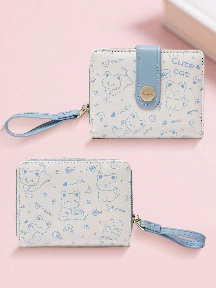 New Korean Style Folding Buckle Short Women's Wallet, Japanese Cute Cat Cartoon Integrated Card Holder, Student Bag, Zipper Coin Purse Wallet - màu xanh bột - Xem 1